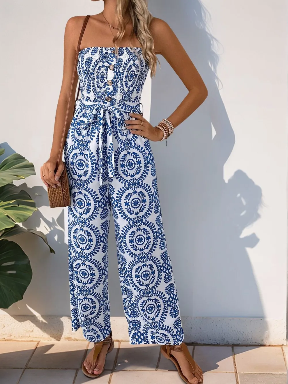 Smocked Tube Wide Leg Jumpsuit