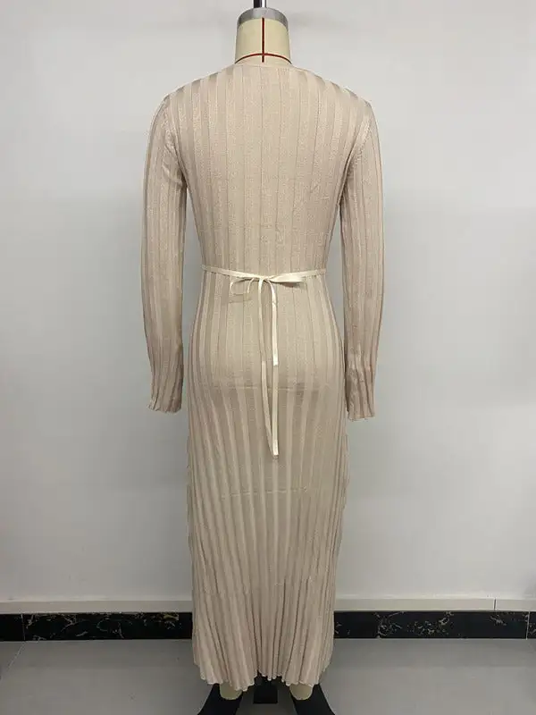 Knit V Neck Long Sleeve Sweater Dress