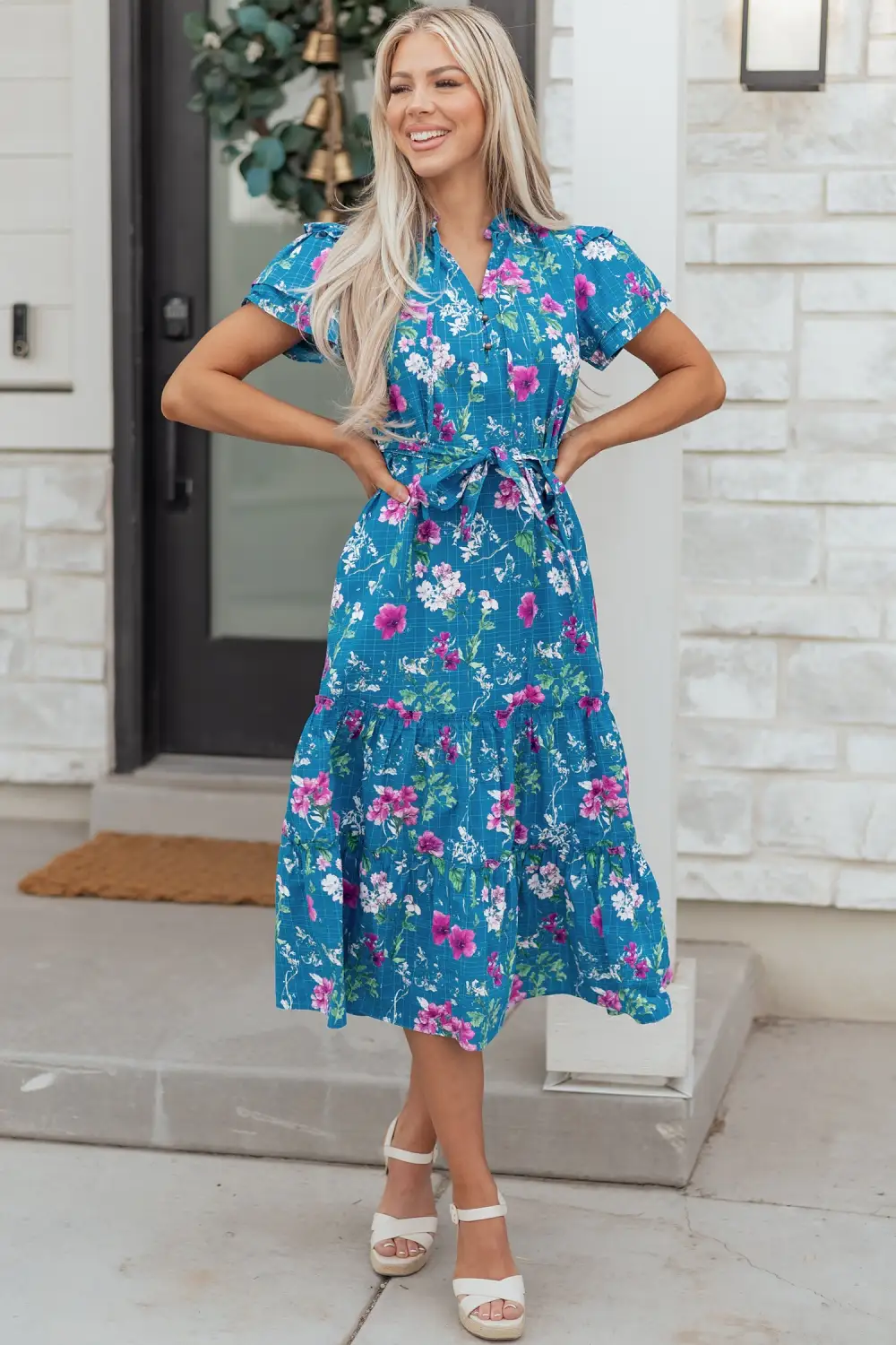 Floral Split Neck Tie Waist Dress Casual