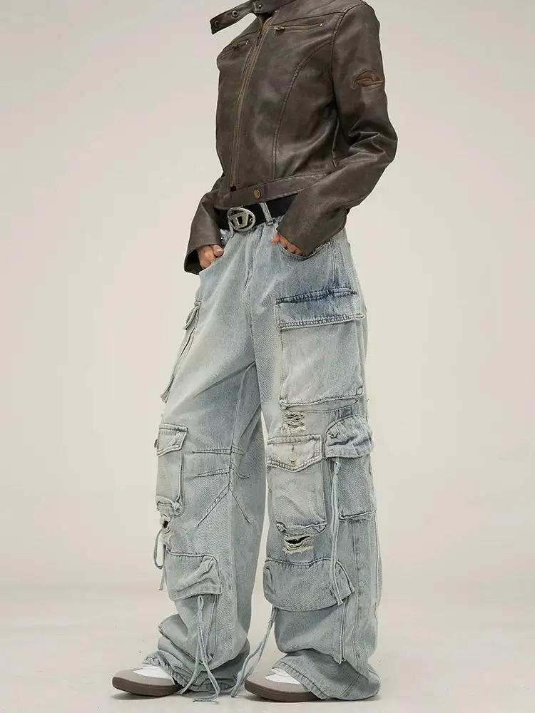 Wide-Leg Distressed Cargo-Pocket Jeans