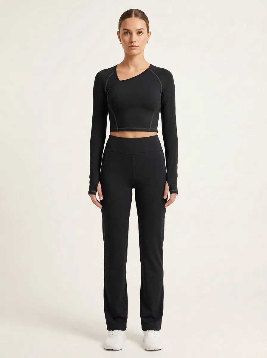 Women's Asymmetric Thumbhole Crop Top and Straight-Leg Legging Set