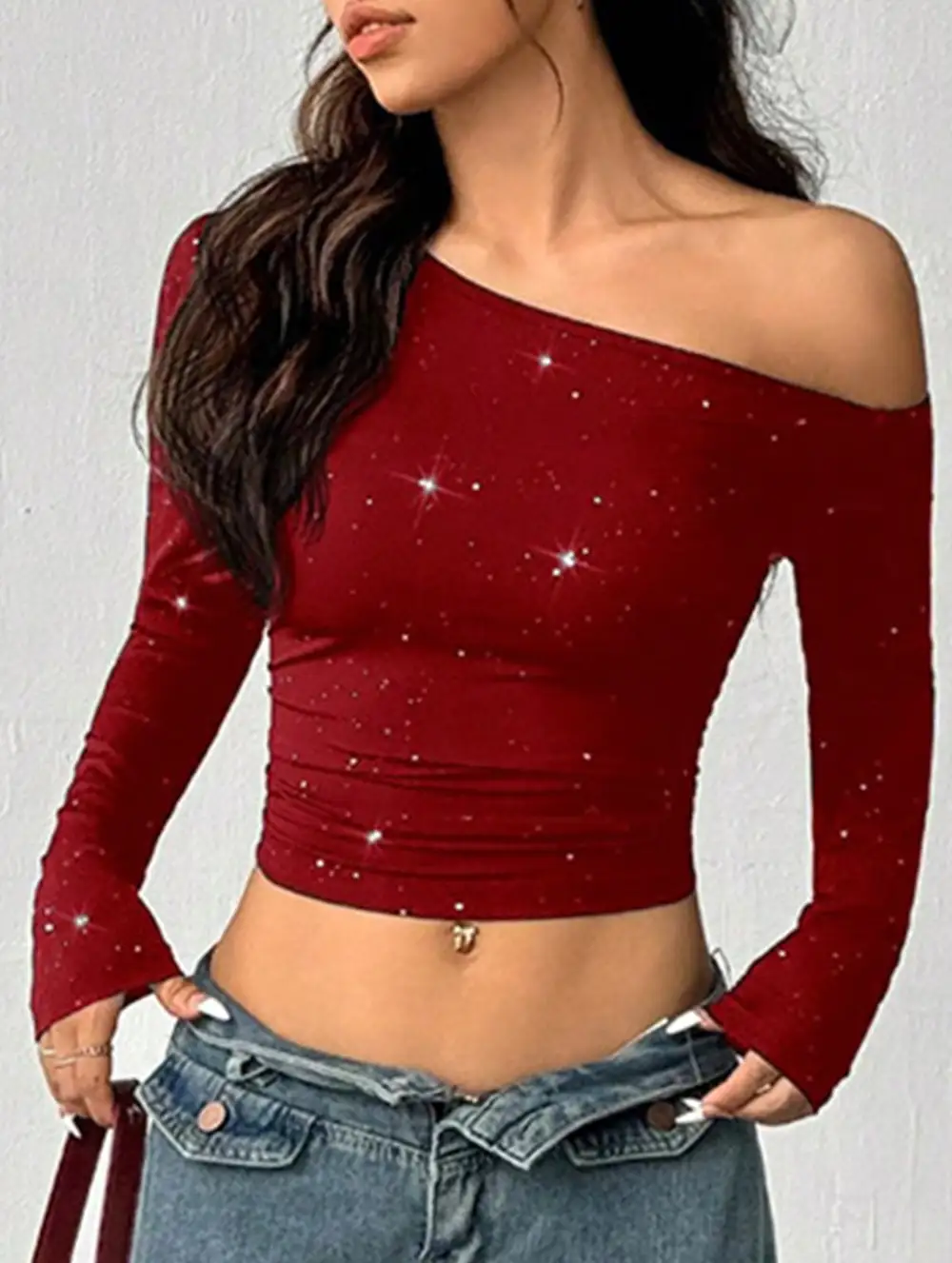 Rhinestone One Shoulder Knit Top