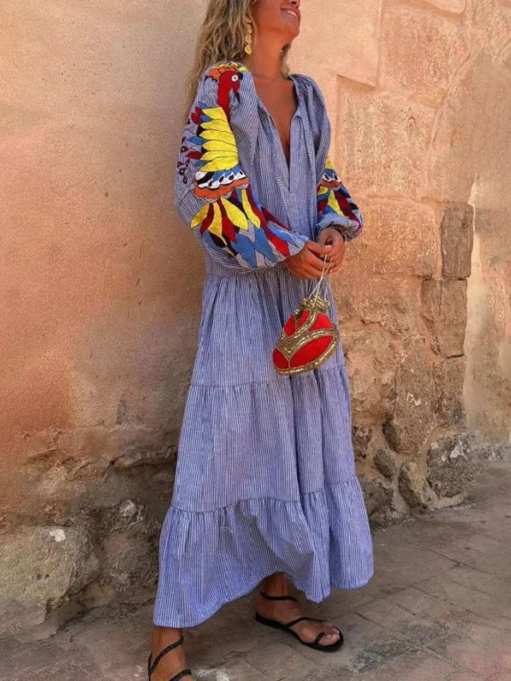 Peacock Pattern Stripe Print Maxi Dress