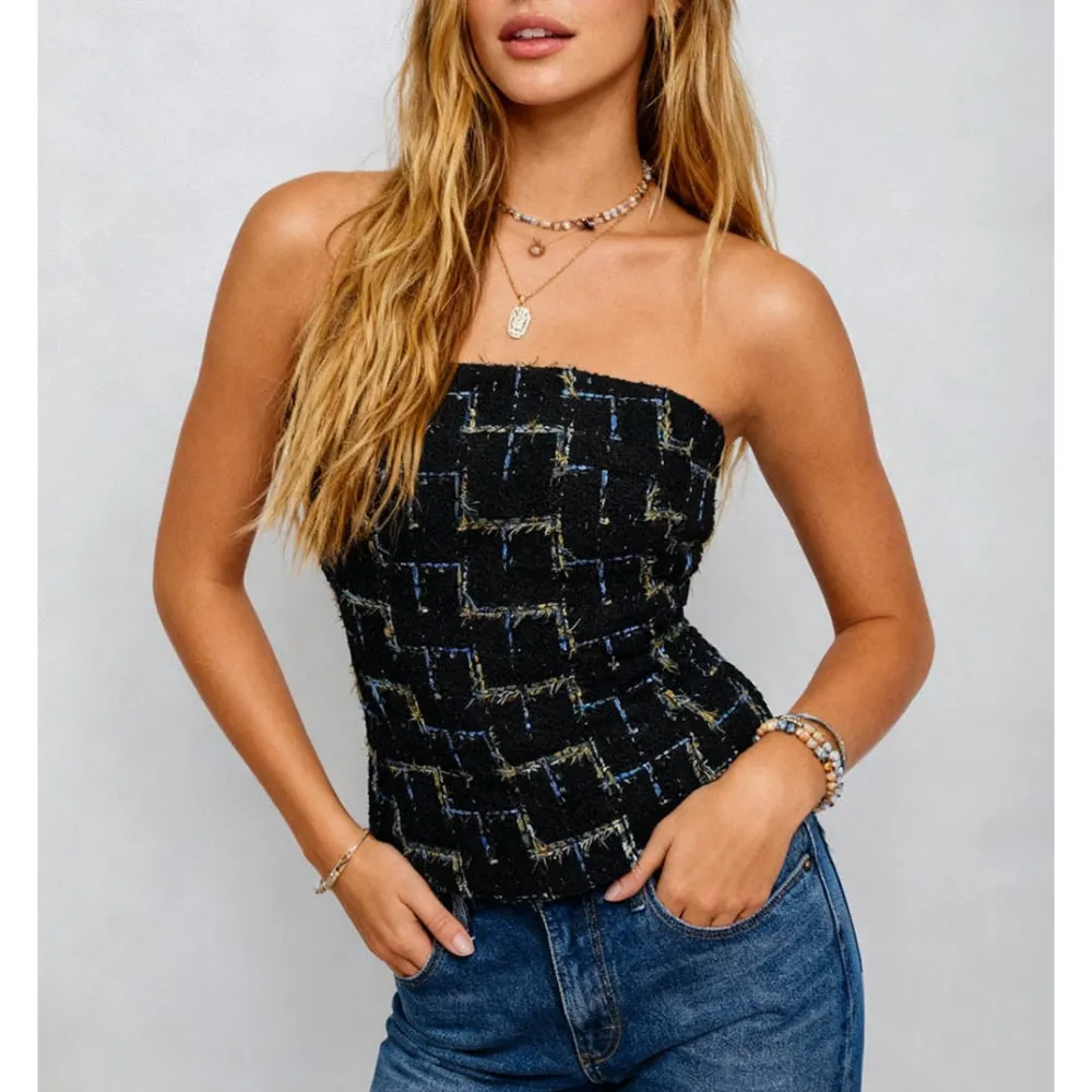 Tweed Checked Pattern Color Block Tube Top