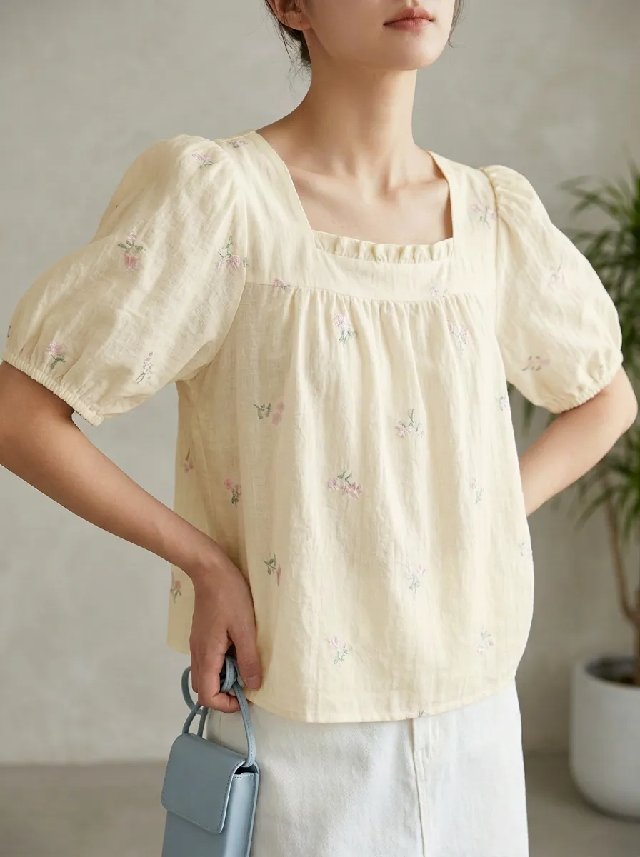 Modern Embroidered Floral Women's Puff-Sleeve Blouse