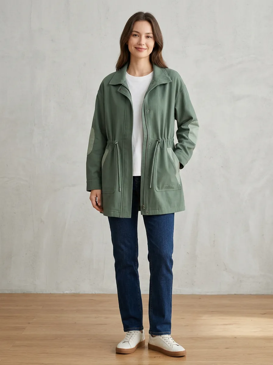 Front Pockets Casual Outdoor Drawstring Waist Utility Jacket