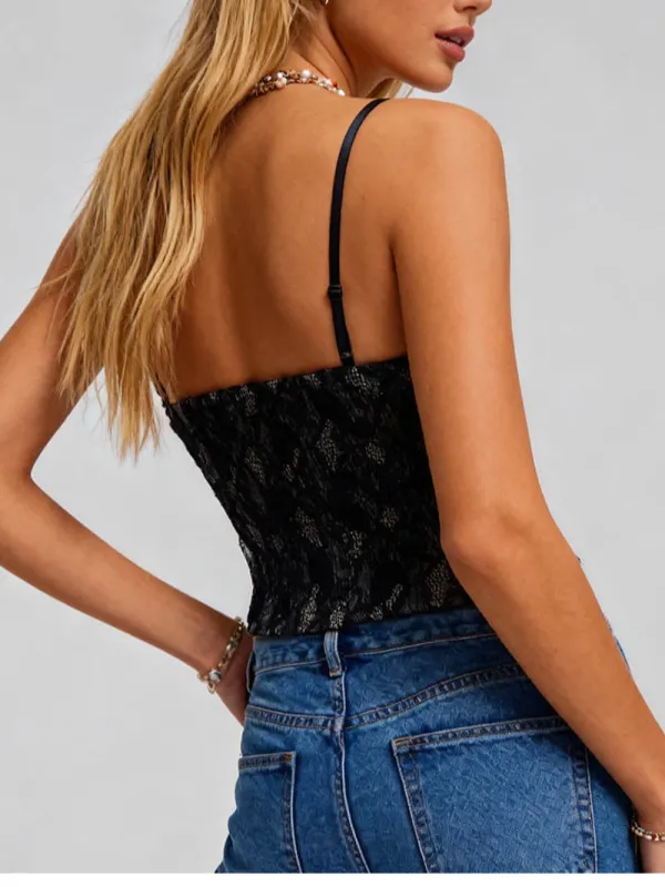 Lace V Neck Corset Scalloped Trim Crop Cami Top