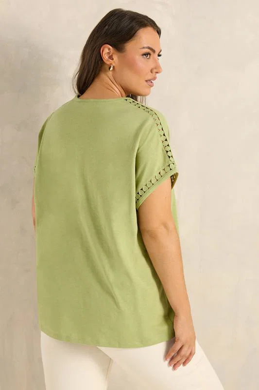Chartreuse Crochet Trim Cotton V Neck T-Shirt detail 2