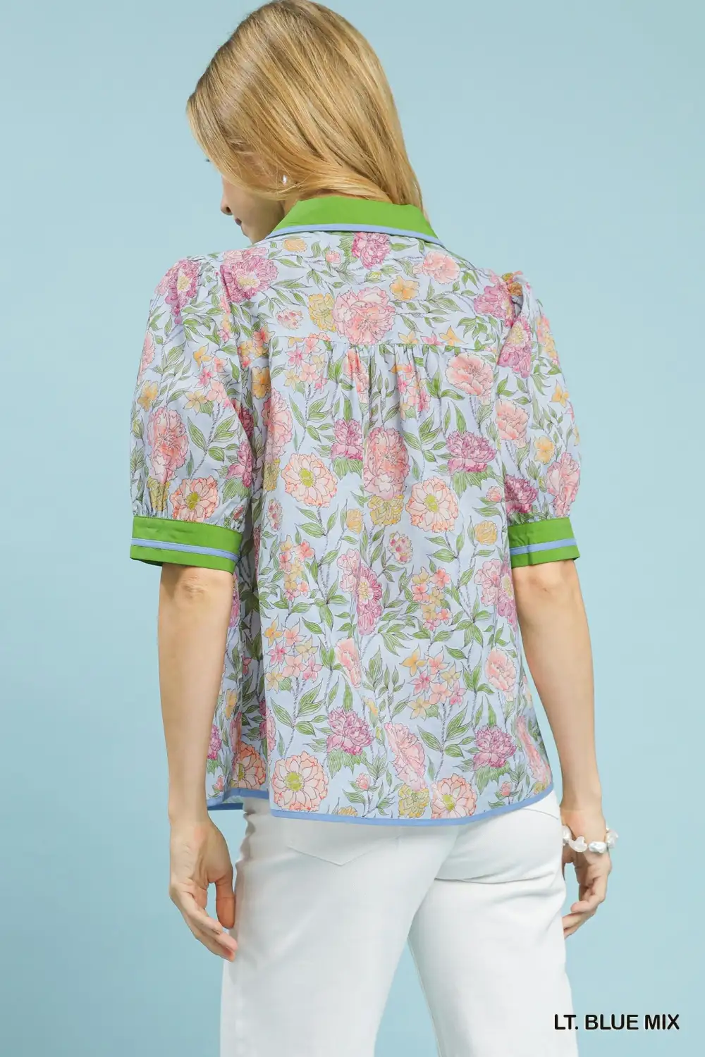 Mix Floral Puff Sleeve Blouse With Contrast Trim