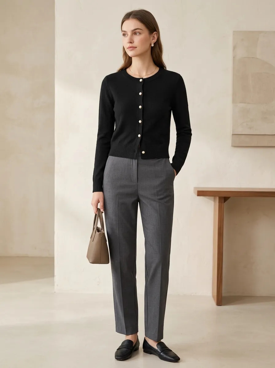 Women's Minimalist Black Pearl Button Crewneck Cardigan Top
