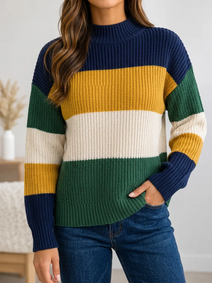 Mock Neck Stripe Pattern Soft Knit Pullover for Women