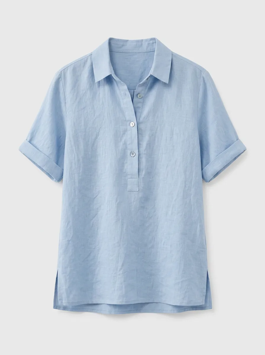 Women's Casual Light Blue Linen Blend Button Up Shirt