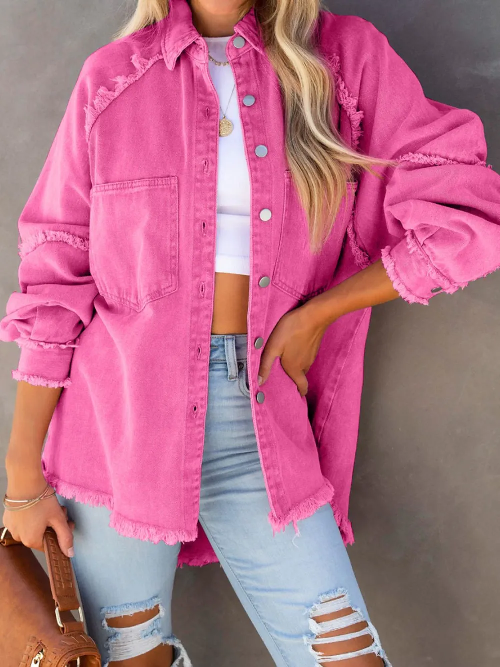 Button-down Raw-hem Denim Jacket