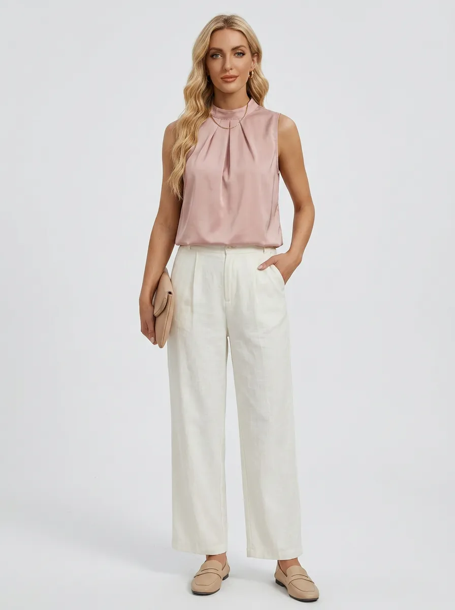 Pleated Mock Neck Sleeveless Blouse