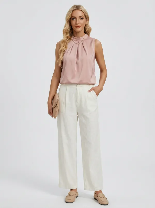 Pleated Mock Neck Sleeveless Blouse