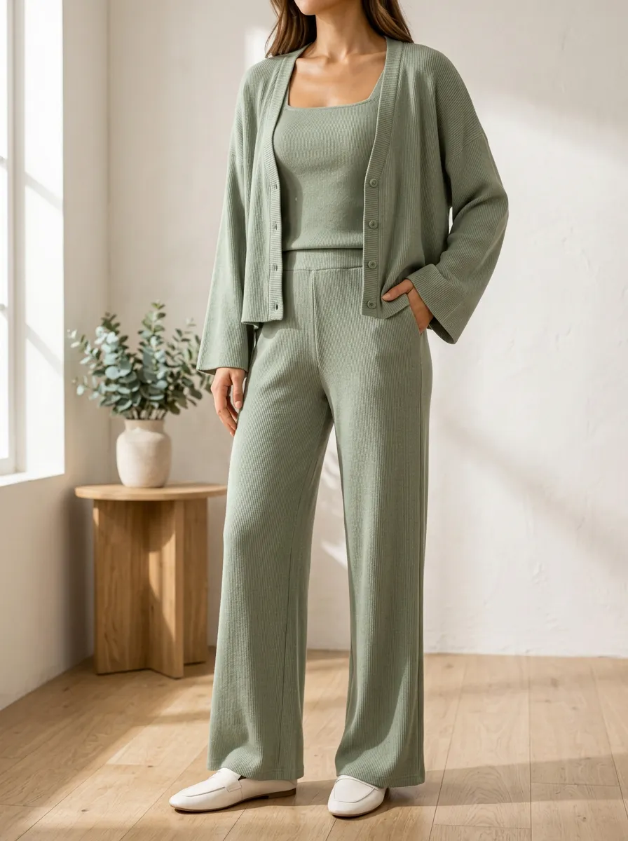Women's Everyday Ribbed Knit Cardigan And Pants With Tank Top Three Piece Outfit