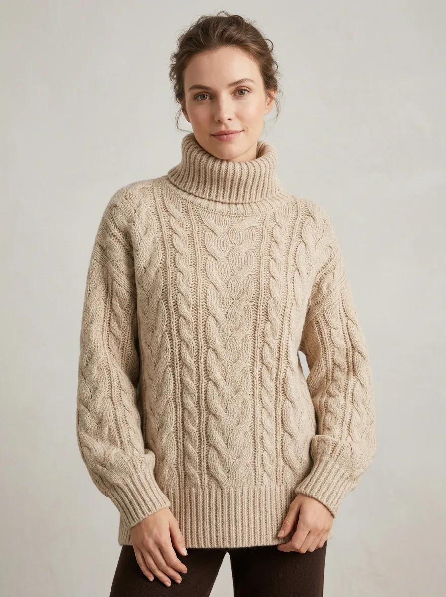 Women's Casual Winter Beige Cable Knit Turtleneck Sweater