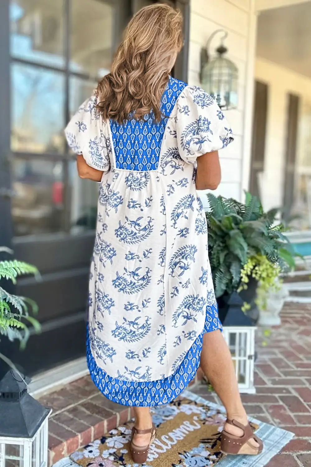 Floral Patchwork V Neck Midi Dress