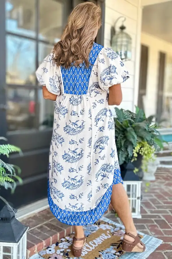 Floral Patchwork V Neck Midi Dress