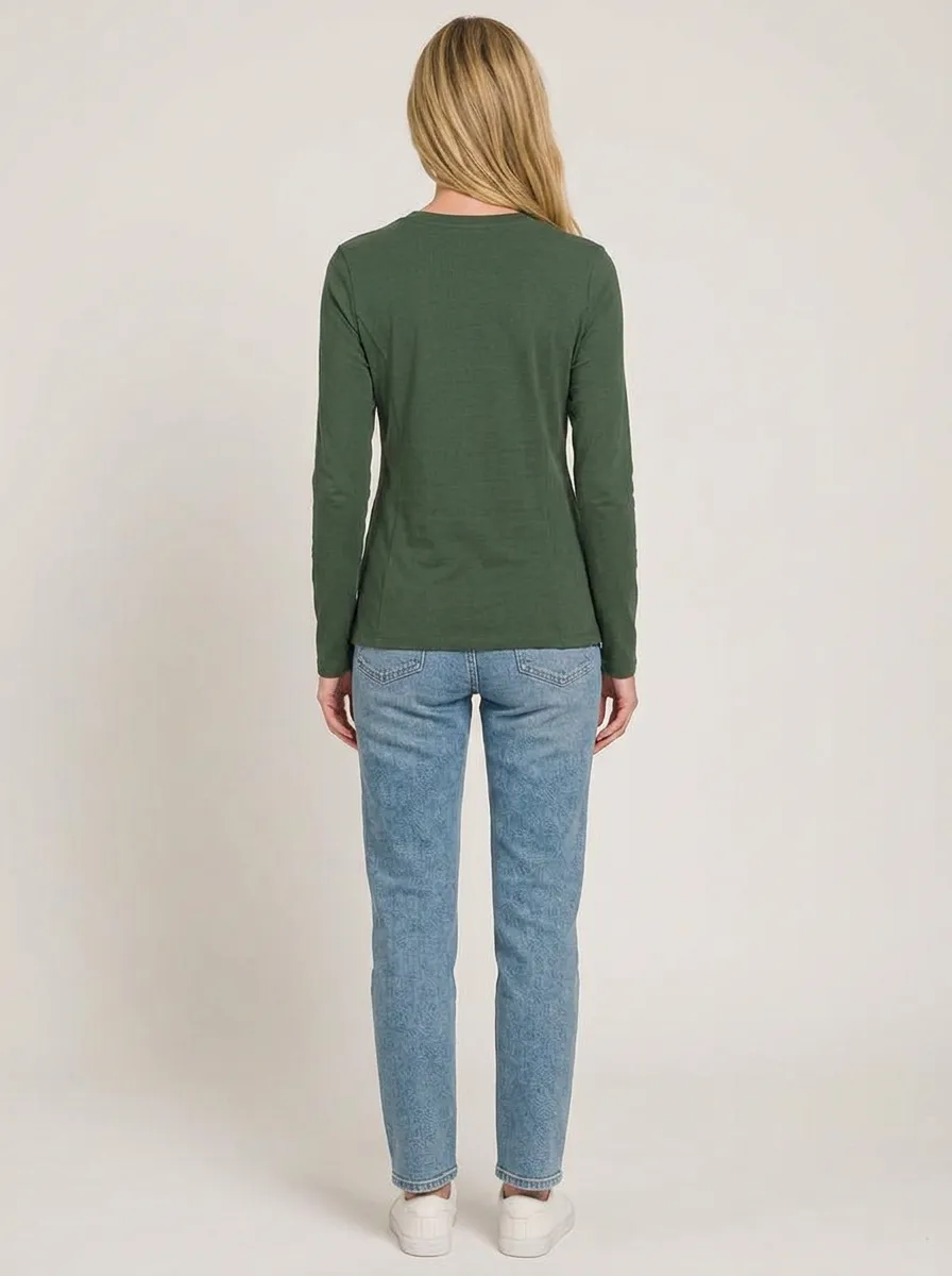 Women's Casual Basic Olive Green Solid Long Sleeve T-shirt