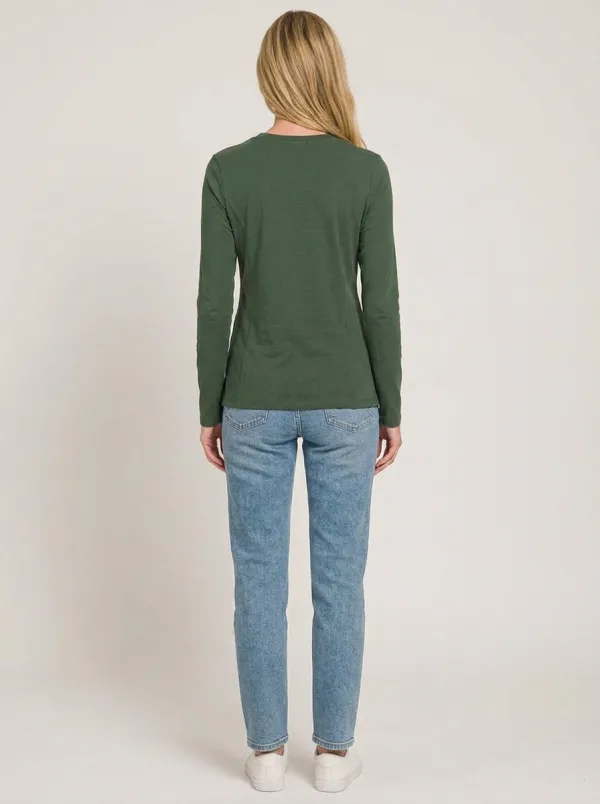 Women's Casual Basic Olive Green Solid Long Sleeve T-shirt