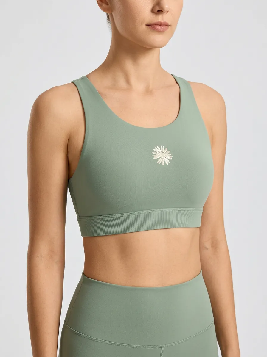 Women's Daisy-Embroidered Scoop-Neck Ribbed Left-Chest Sports Bra