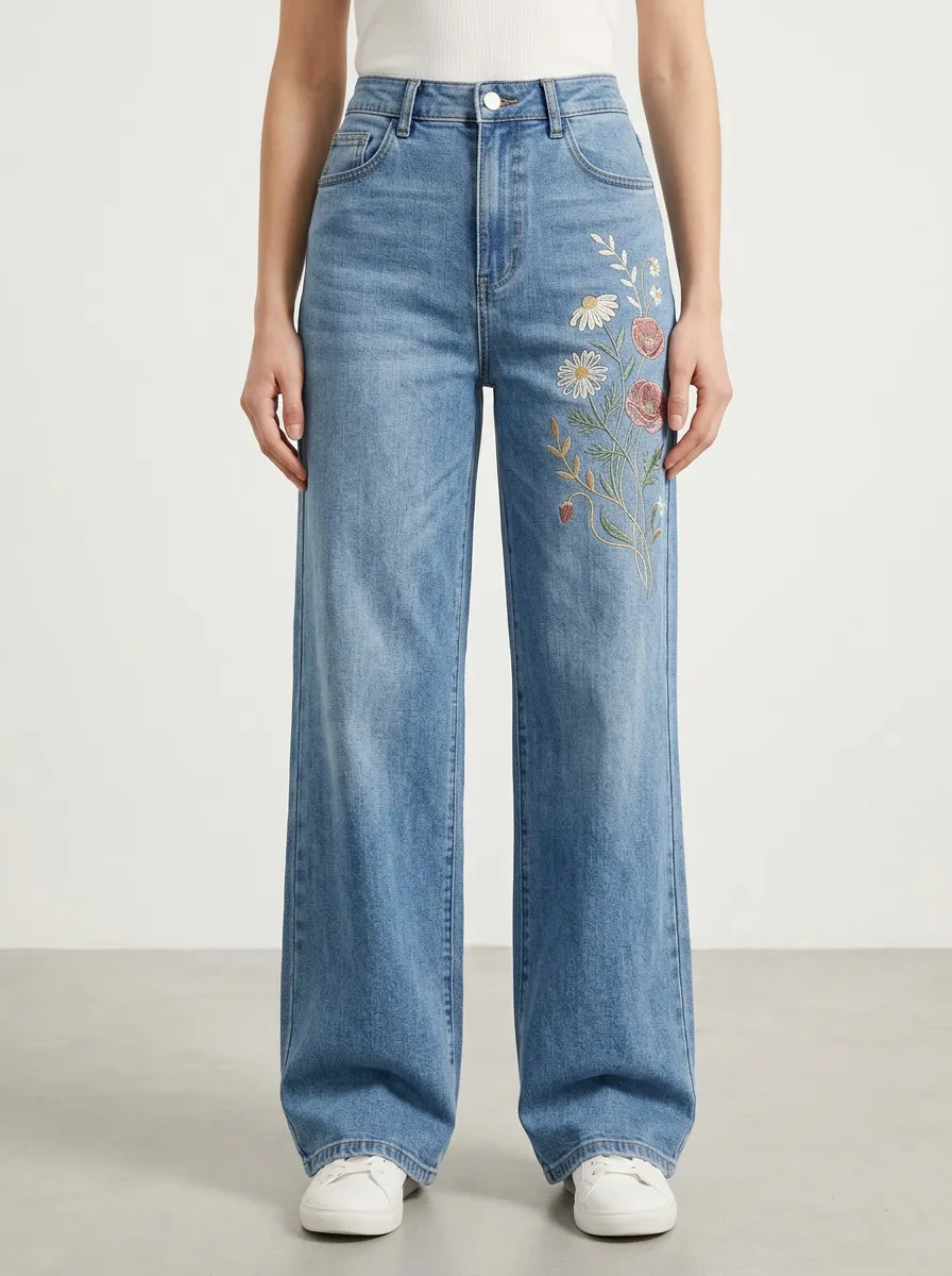 Women's Floral Front-Panel Embroidered Wide-Leg Stretch Jeans