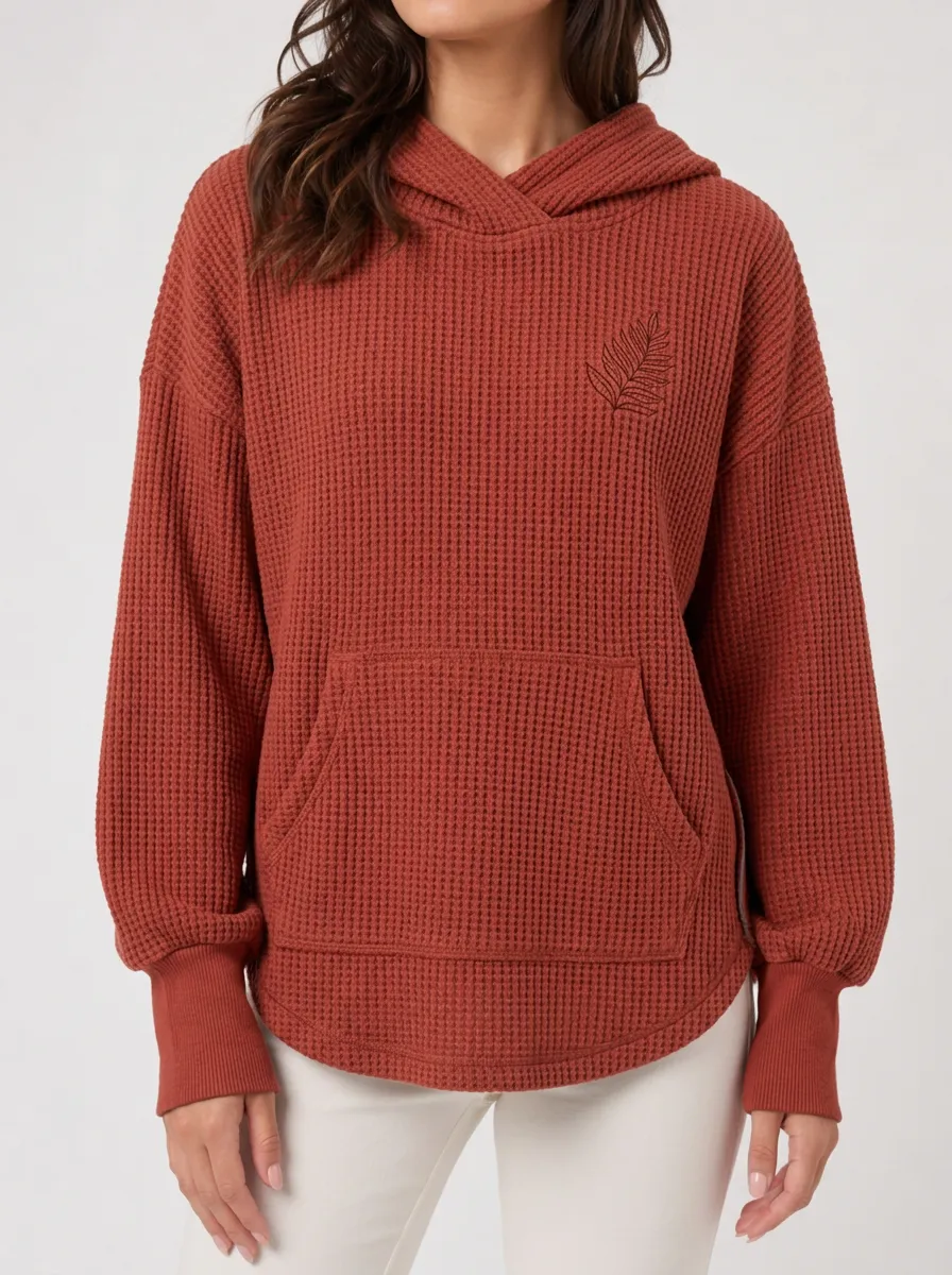 Textured Casual Nature Lover Fern Leaf Printed Waffle Knit Hoodie