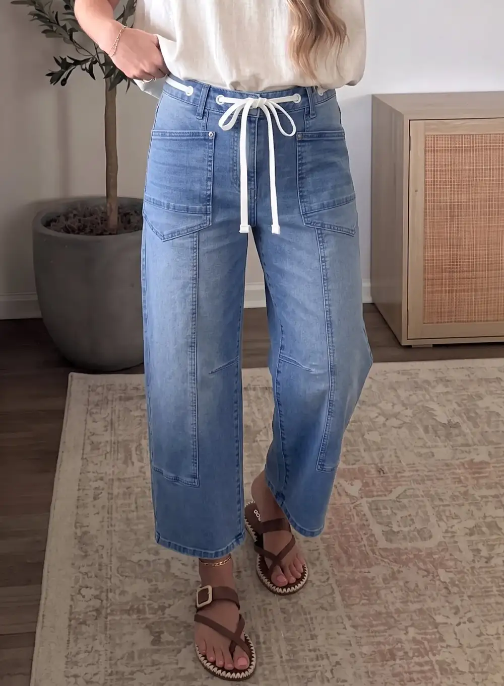 Women's Solid Patchwork Grommet Tie Waist Loose Ankle Length Jeans