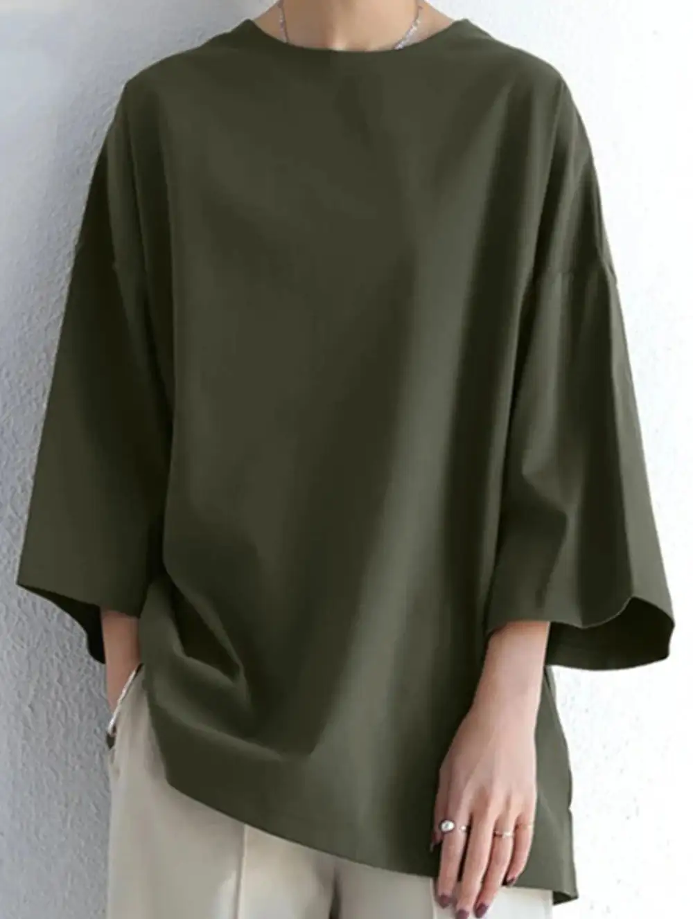 Round Neck Split Hem Long Sleeve Loose Top