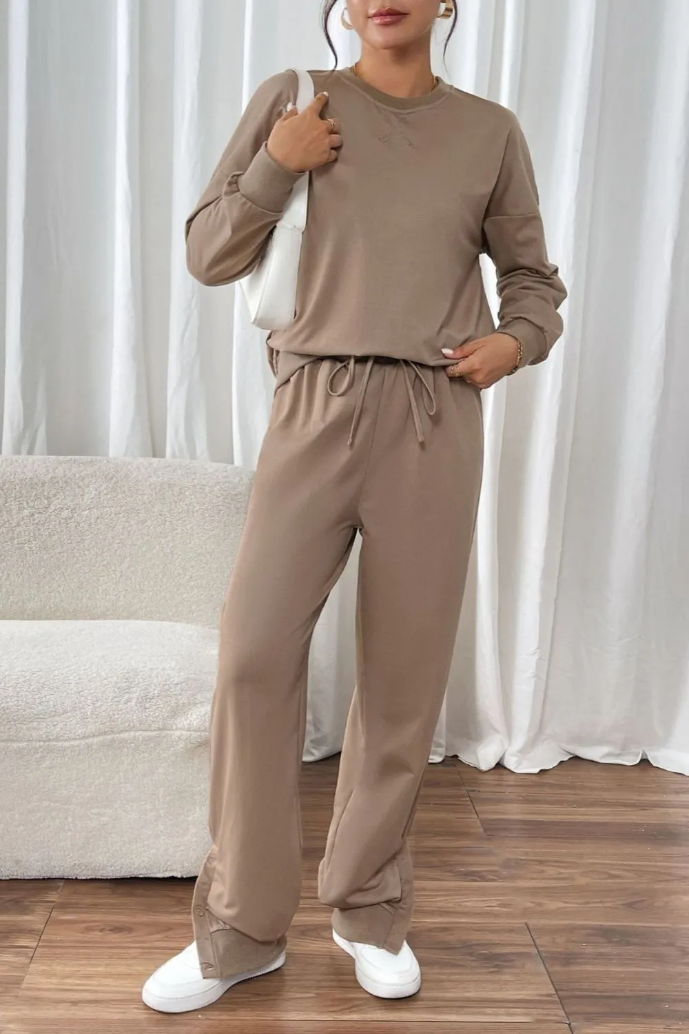 Drawstring Round Neck Long Sleeve Top And Pants Set