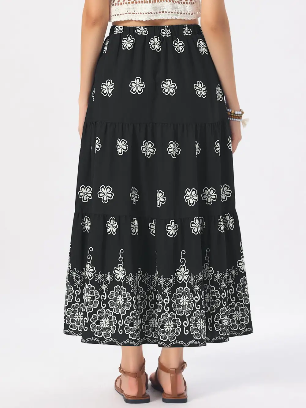 Boho Floral A-Line Tiered Maxi Skirt with Pockets
