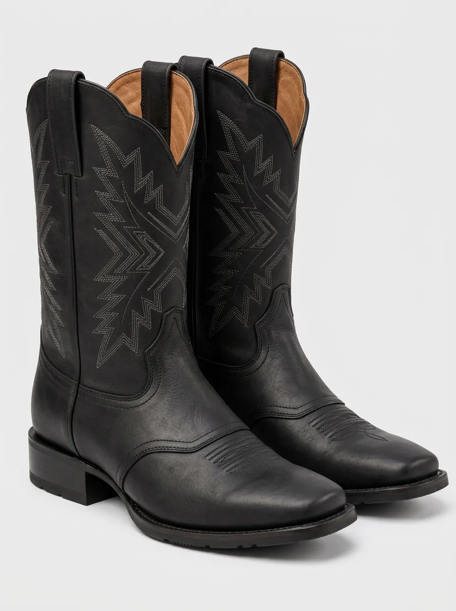 Men's Black Embroidered Leather Cowboy Boots
