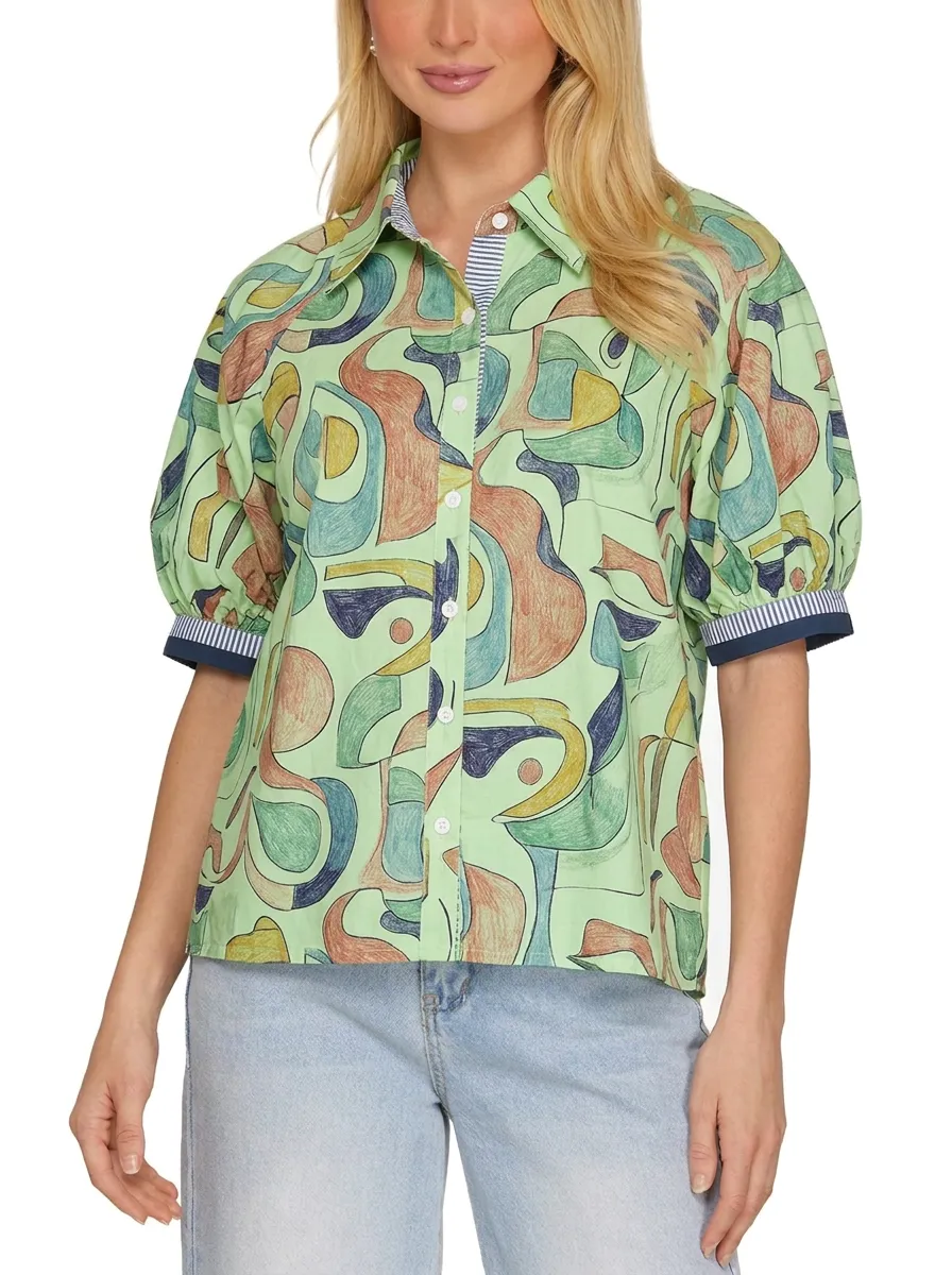 Women's Abstract Art Pattern Printed Puff Sleeve Shirt