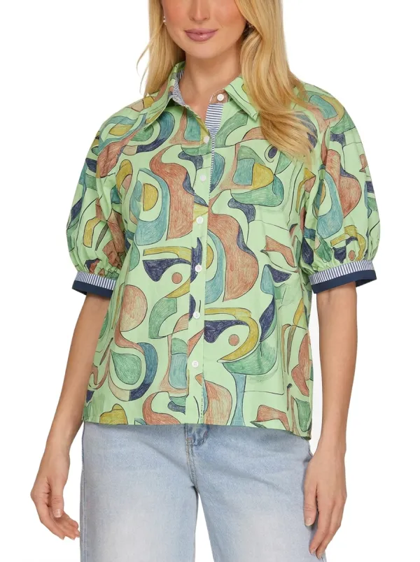 Women's Abstract Art Pattern Printed Puff Sleeve Shirt