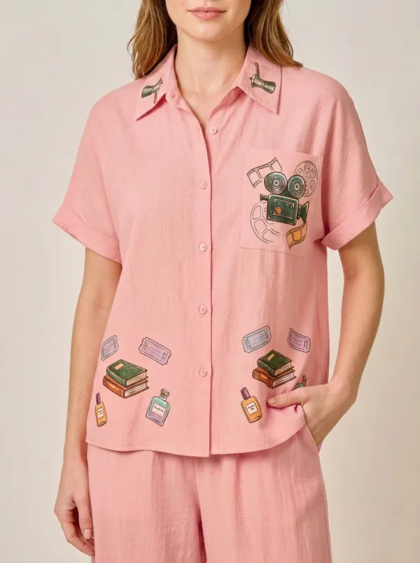 Women's Movie Lover Cinema Books Graphic Button-up Shirt Tank Top