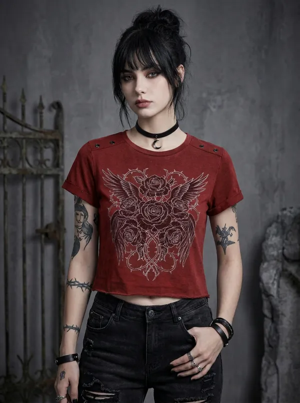 Underground Rose Thorn Wing Dark Look Women's Gothic T-Shirt