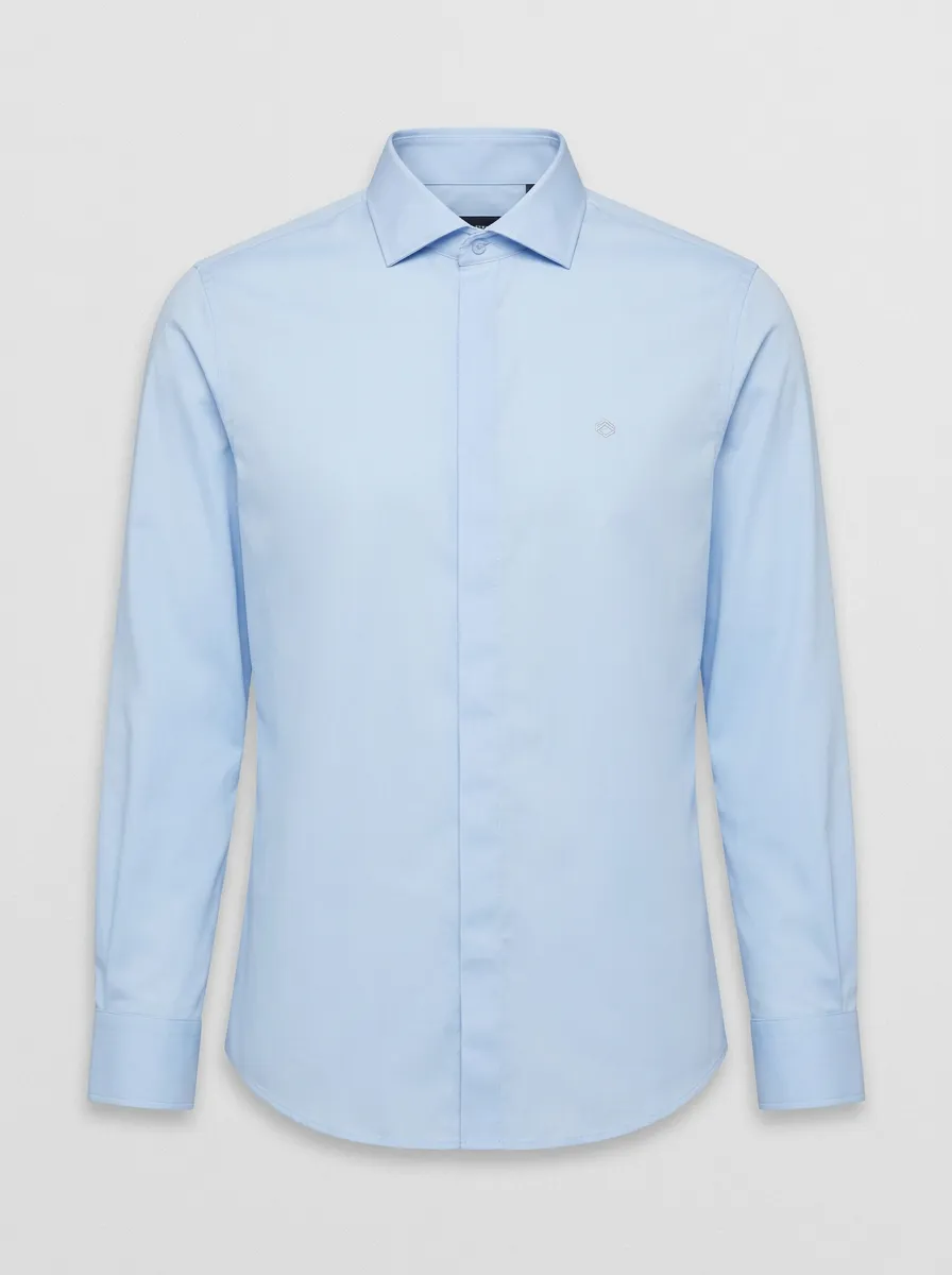 Men's Non-Iron Cotton Light Blue Embroidered Accent Dress Shirt