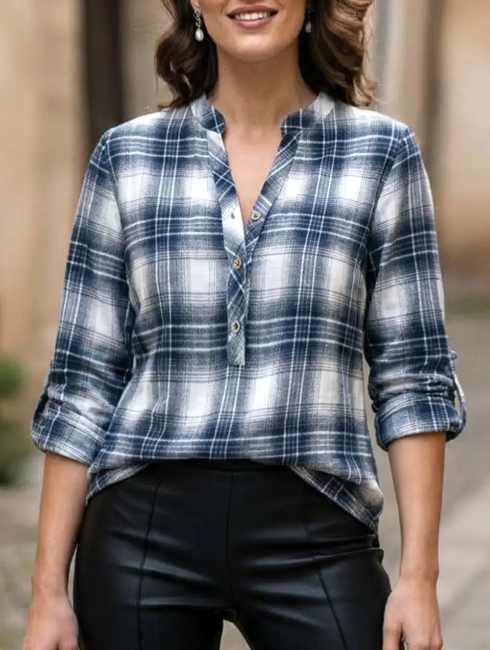 V Neck Plaid Button Shirt