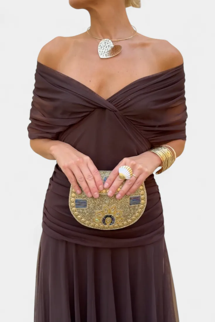  Off Shoulder V Neck Midi Dress