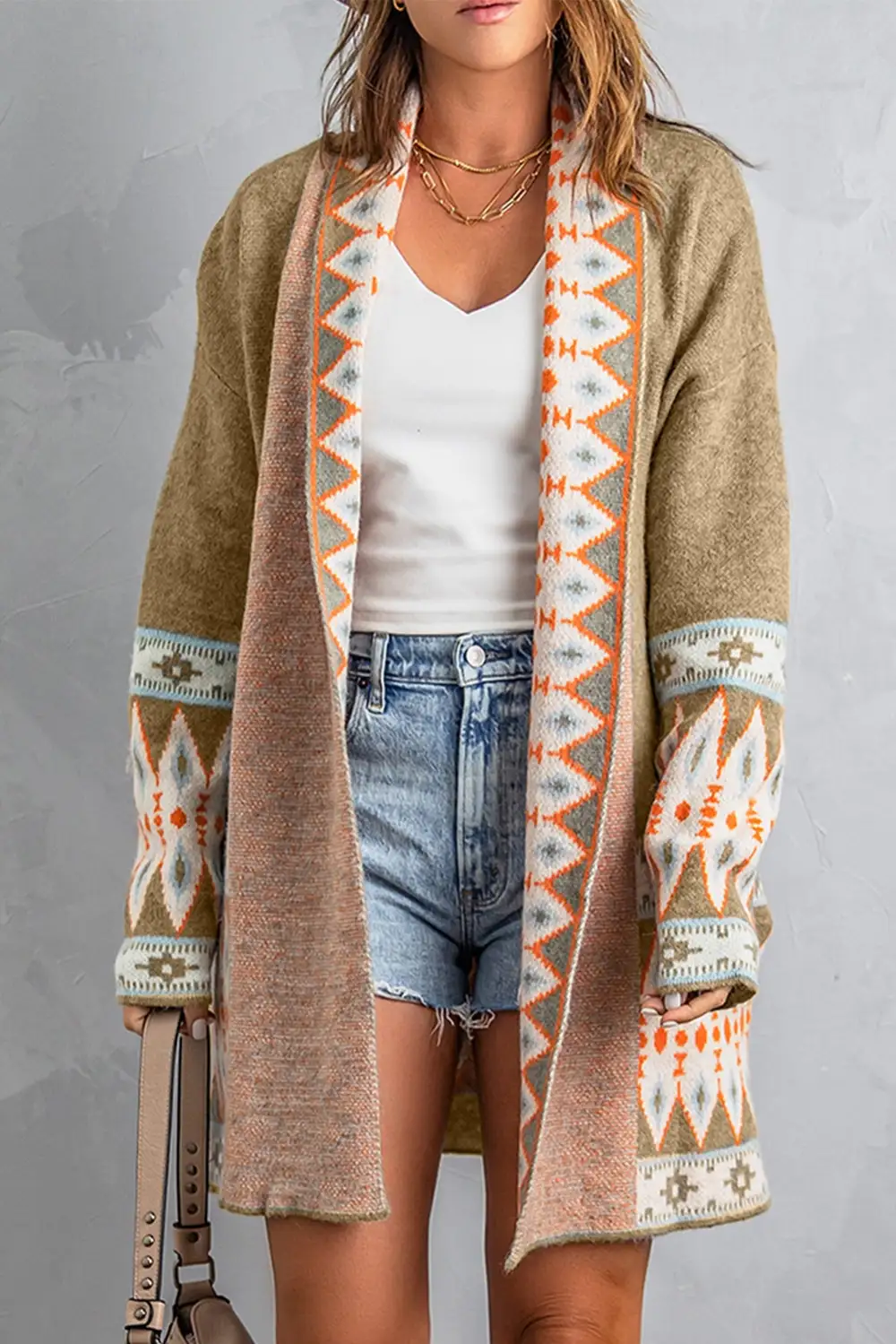 Aztec Print Open Front Knit Cardigan