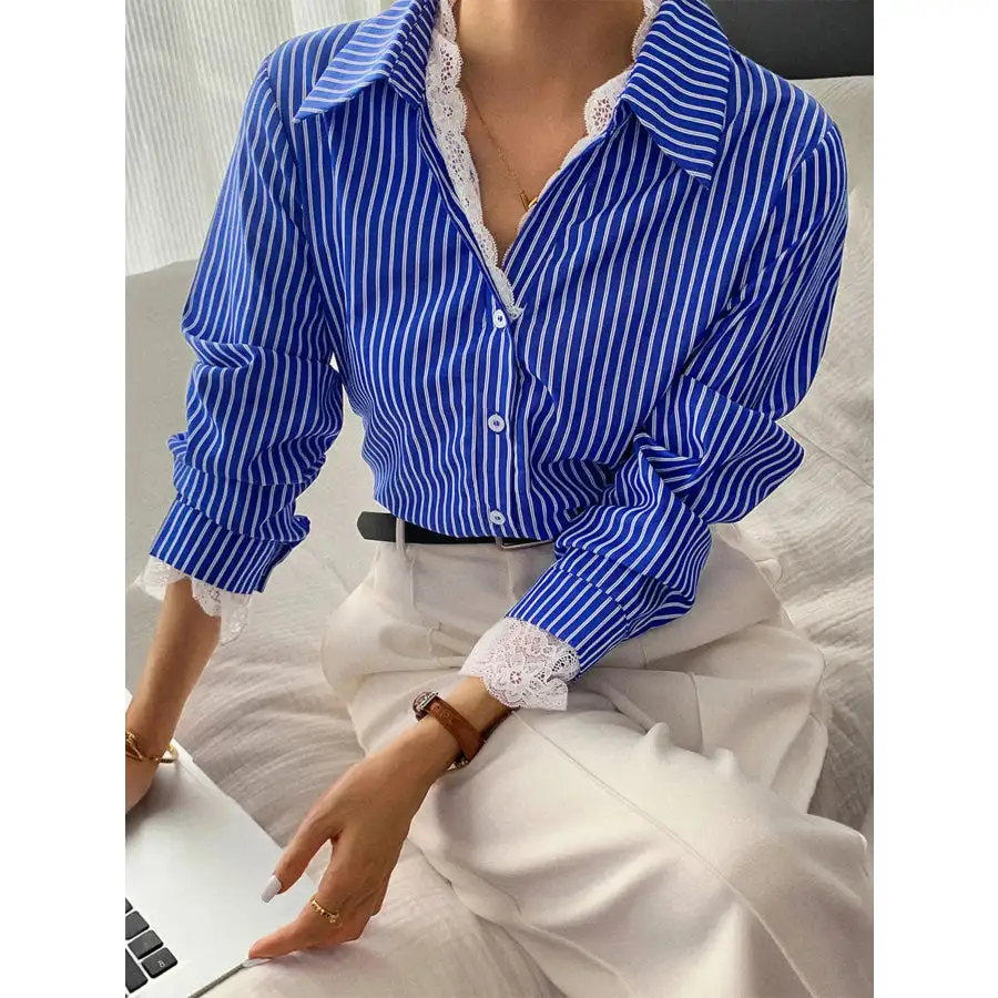 Striped Button Down Shirt with Lace Detail
