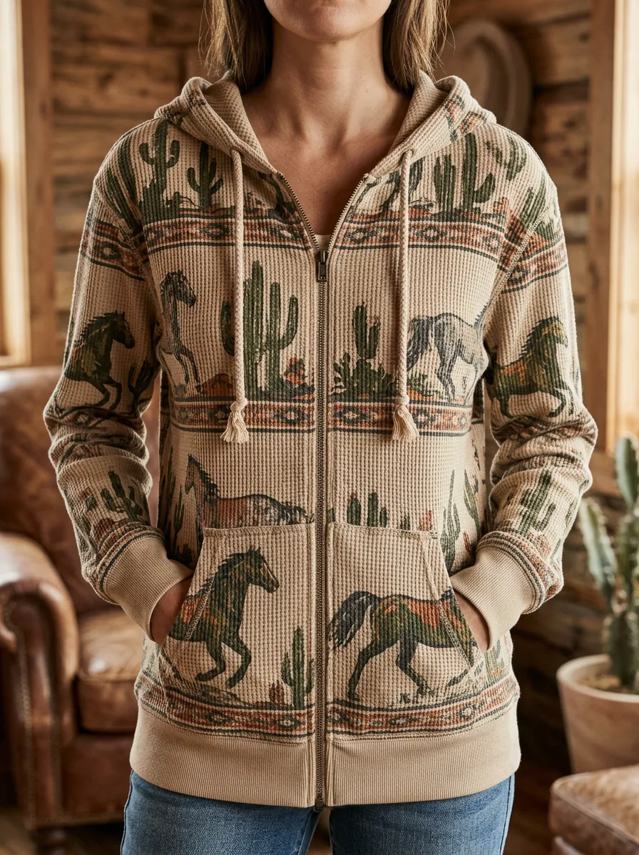 Women's Western Horse Cactus Desert Signature Accent Waffle Zip-Up Hoodie