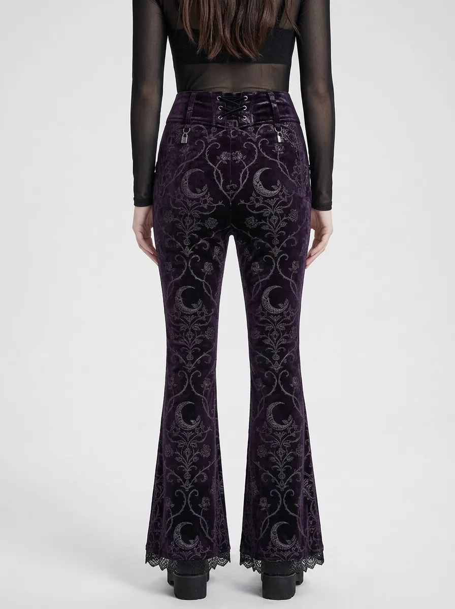 Alternative Moon Floral Velvet Silhouette Women's Gothic Flare Pants