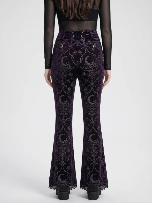 Alternative Moon Floral Velvet Silhouette Women's Gothic Flare Pants