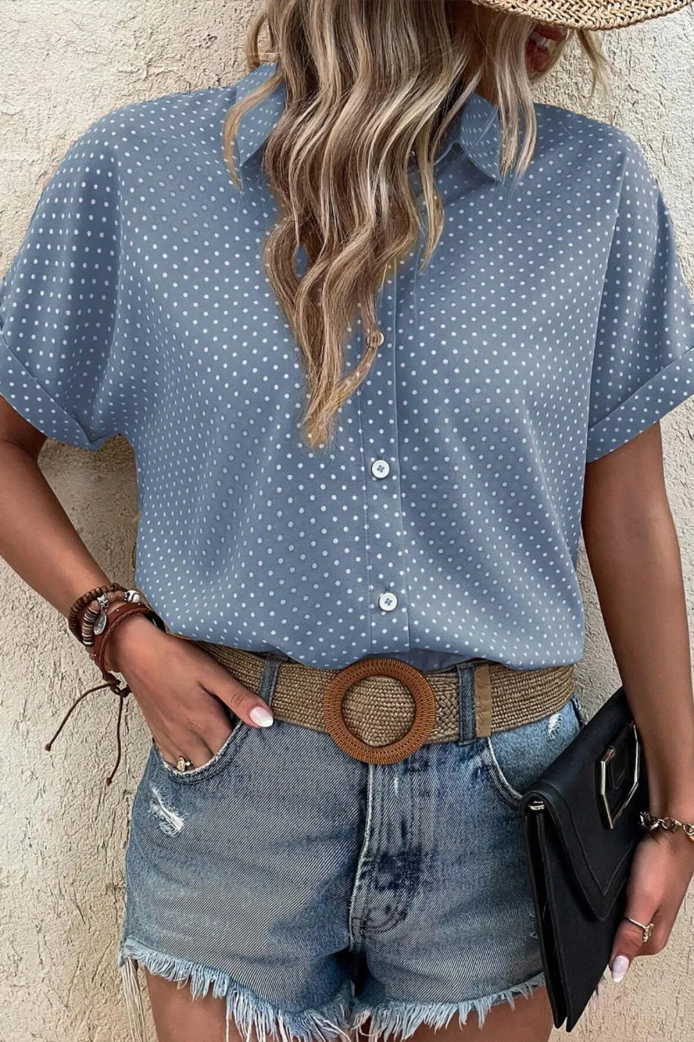 Sky Blue Dotted Print Cuffed Shirt