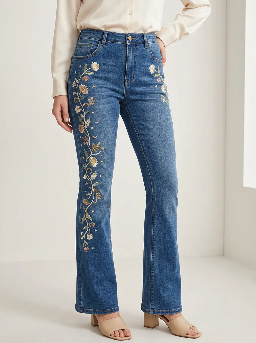 Women's Wildflower Medium Wash Floral Embroidery Flare Jeans