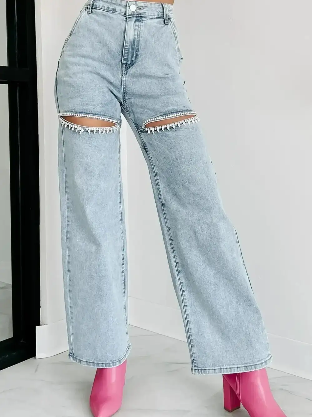 Ribbed Elastic Waist Denim Jeans