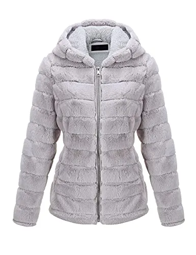 Women's Faux Fur Coat Shearling Fluffy Fuzzy Shaggy Hood Sherpa-Lined Fleece Jacket