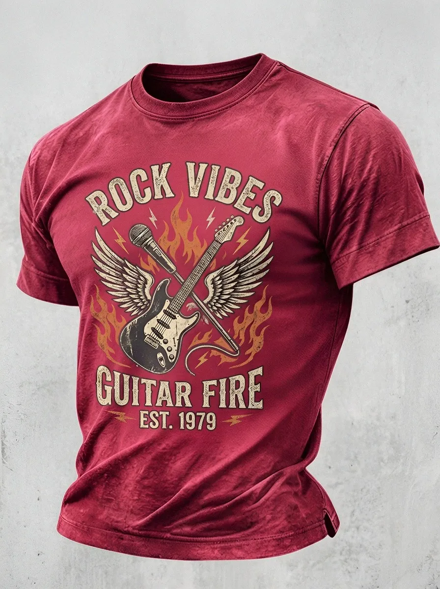 Men's Rock Music Lover Guitar Fire Wings Printed T-shirt